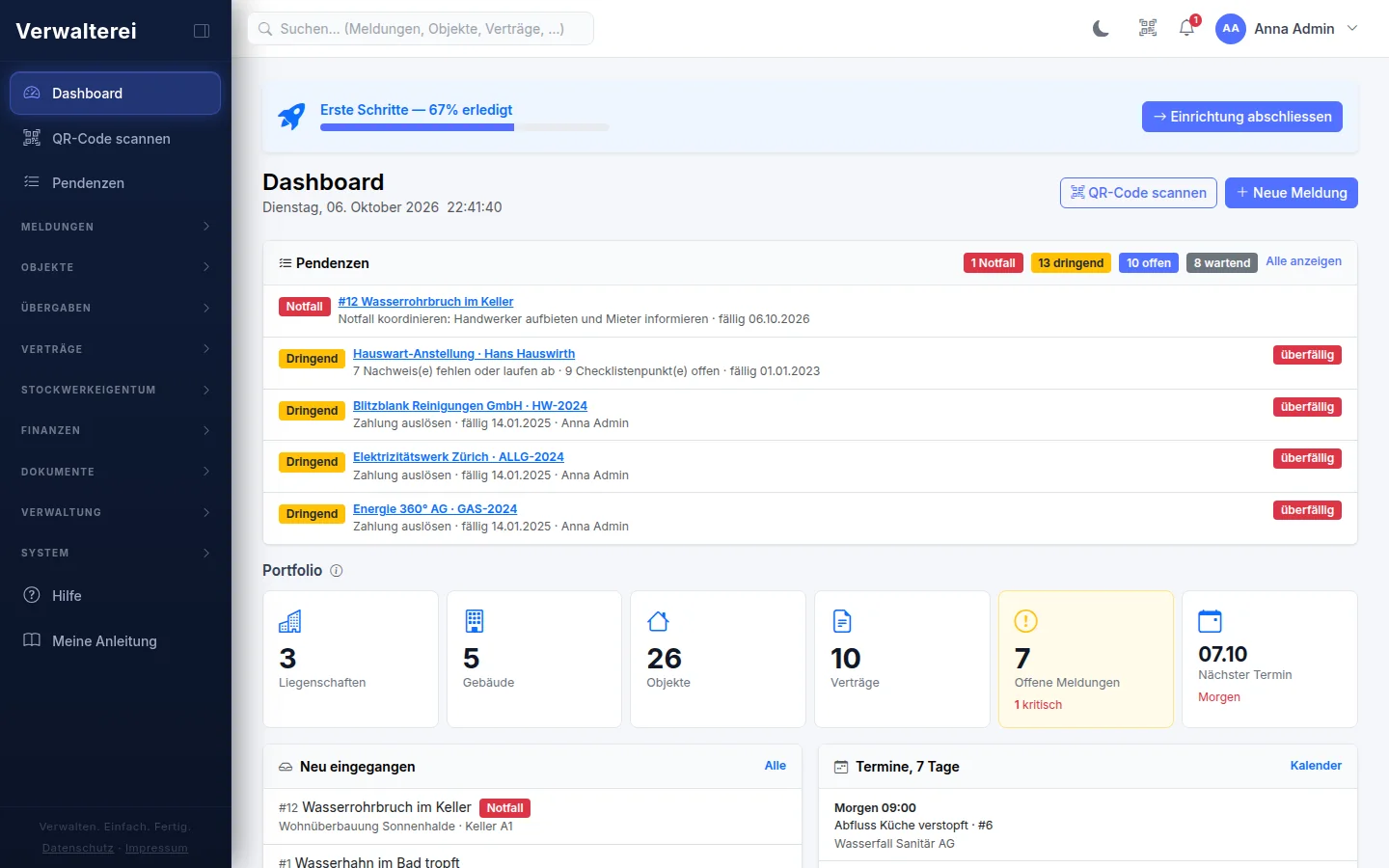Dashboard von Verwalterei mit offenen Pendenzen, Meldungen und Kennzahlen einer Demo-Verwaltung